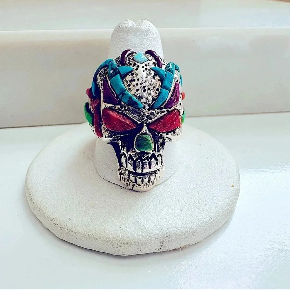 Handmade Sterling Silver & Multi Stone Inlay Skull/Biker/Rocker Ring Size 9.5
